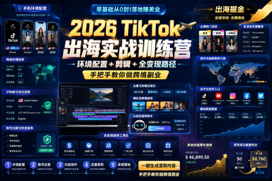 2026 TikTok出海实战训练营，环境配置 + 剪辑 + 全变现路径，手把手教你做跨境副业-HEIXMI（中国站）