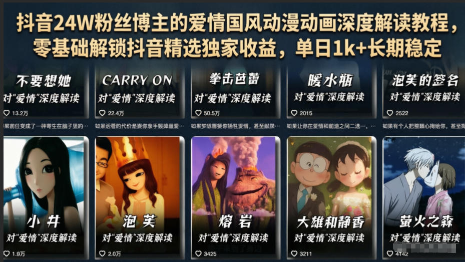 抖音24W粉丝博主的爱情国风动漫动画深度解读教程，零基础解锁抖音精选独家收益，单日1k+长期稳定-HEIXMI（中国站）