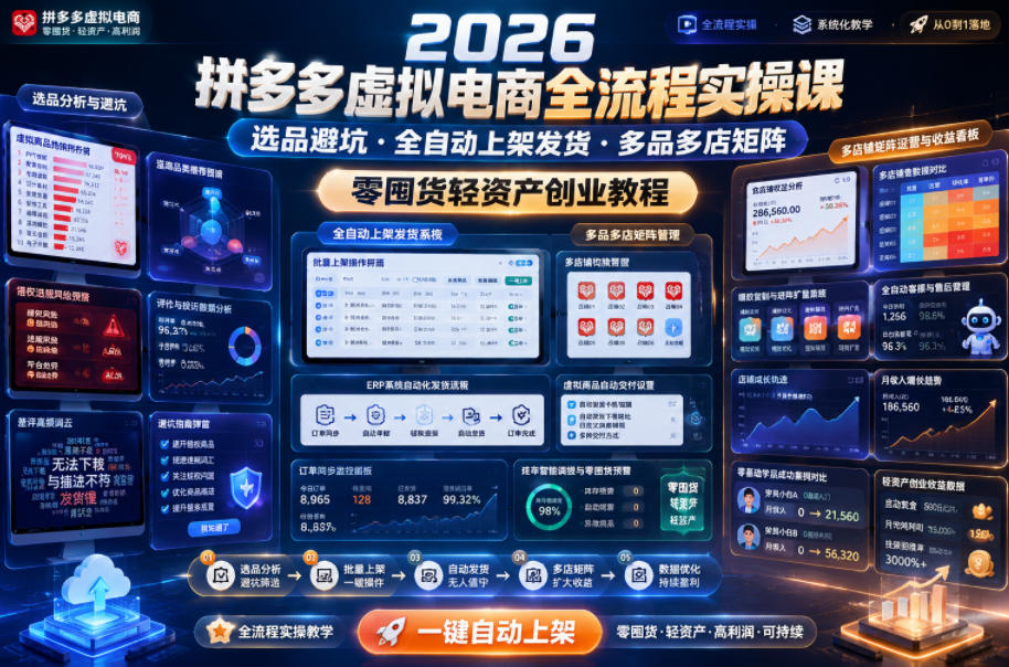 2026拼多多虚拟电商全流程实操课，选品避坑・全自动上架发货・多品多店矩阵，零囤货轻资产创业教程-HEIXMI（中国站）