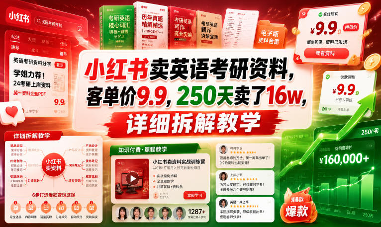 小红书卖英语考研资料，客单价9.9，250天卖了16w，详细拆解教学-HEIXMI（中国站）