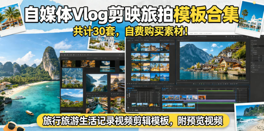 自媒体Vlog剪映旅拍模板合集，共计30套，自费购买素材！旅行旅游生活记录视频剪辑模板，附预览视频-HEIXMI（中国站）