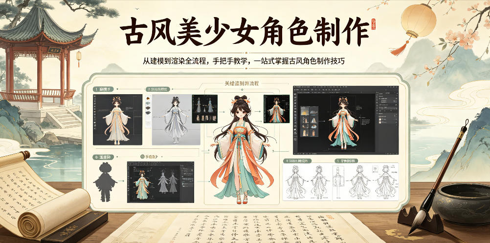 古风美少女角色制作，从建模到渲染全流程，手把手教学，一站式掌握古风角色制作技巧-HEIXMI（中国站）