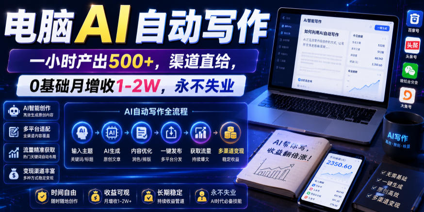 电脑AI自动写作，一小时产出500+，渠道直给，0基础月增收1-2W，永不失业【揭秘】-HEIXMI（中国站）
