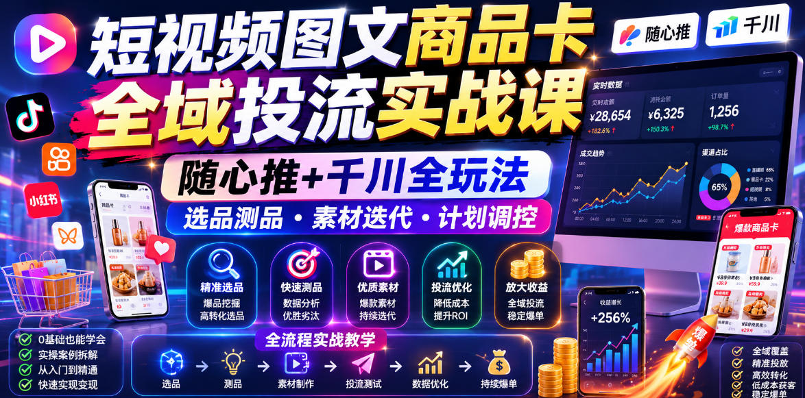 短视频图文商品卡全域投流实战课，随心推+千川全玩法，选品测品・素材迭代・计划调控，提升ROI爆单增收教程-HEIXMI（中国站）