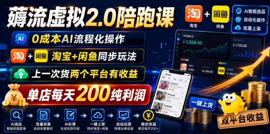 薅流虚拟2.0陪跑课，0成本AI流程化操作，淘宝+闲鱼同步玩法，上一次货两个平台有收益，单店每天200纯利润-HEIXMI（中国站）
