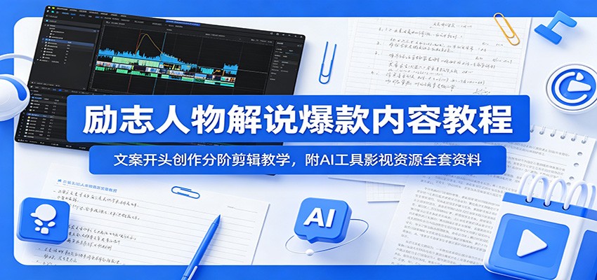 励志人物解说爆款内容教程：文案开头创作分阶剪辑教学，附AI 工具影视资源全套资料-HEIXMI（中国站）