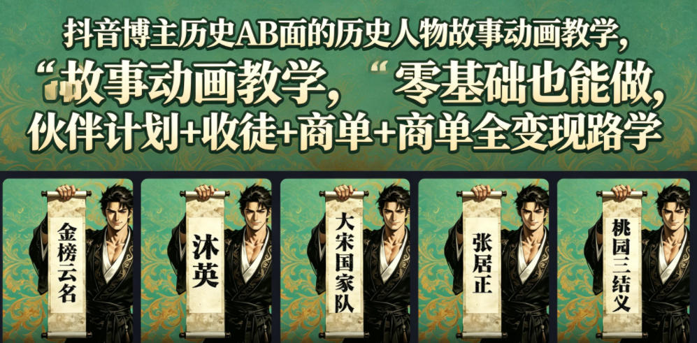 抖音博主历史AB面的历史人物故事动画教学，零基础也能做，伙伴计划+收徒+商单全变现路径教学-HEIXMI（中国站）