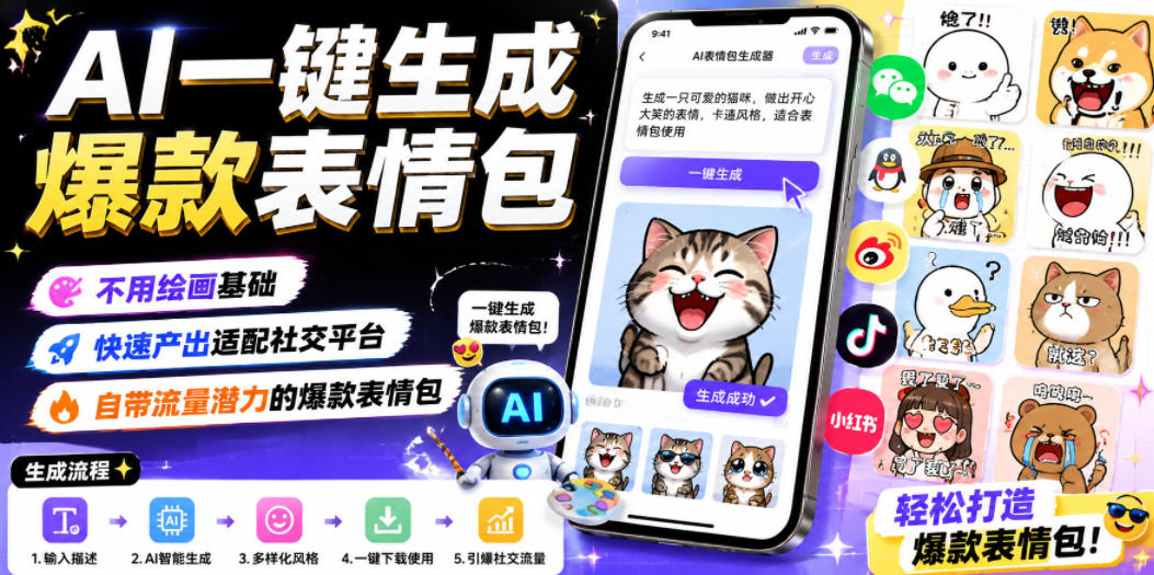 AI一键生成爆款表情包，不用绘画基础，快速产出适配社交平台，自带流量潜力的爆款表情包-HEIXMI（中国站）