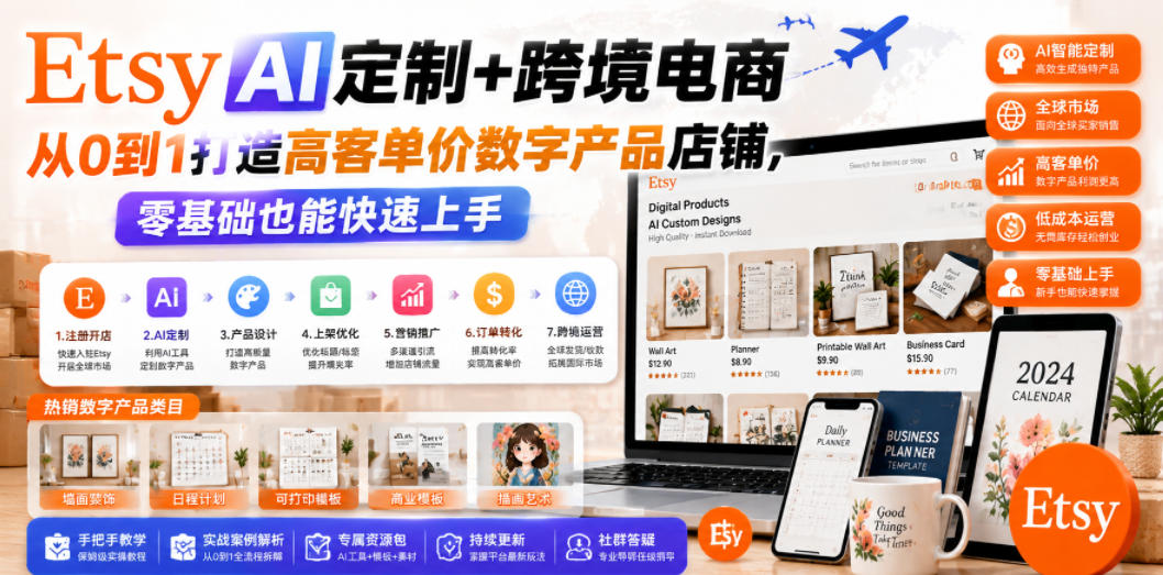 Etsy AI定制+跨境电商，从0到1打造高客单价数字产品店铺，零基础也能快速上手-HEIXMI（中国站）