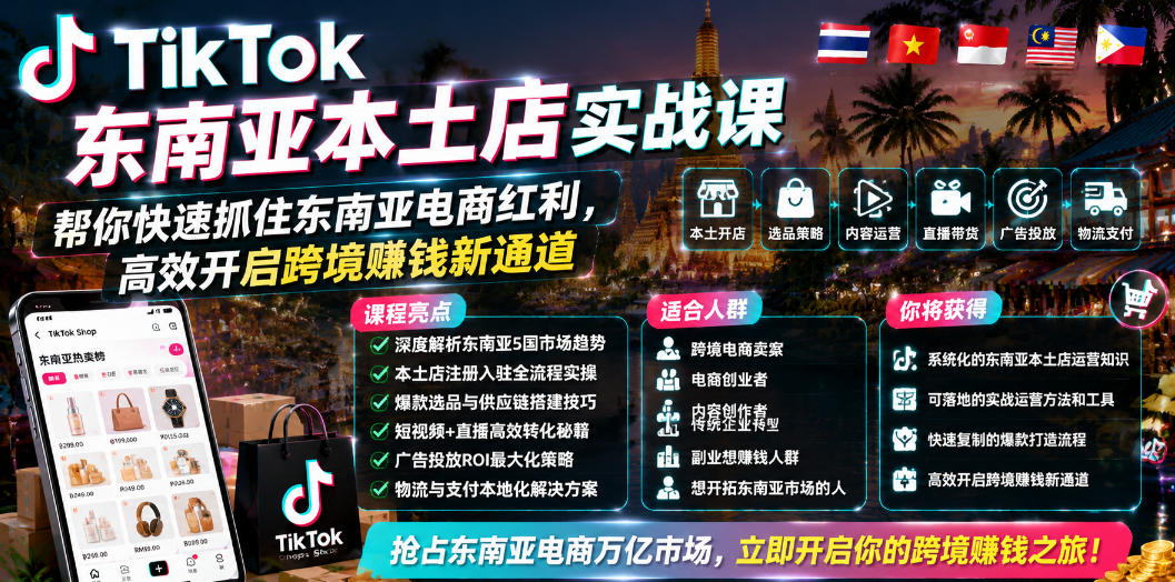 TikTok东南亚本土店实战课，帮你快速抓住东南亚电商红利，高效开启跨境賺钱新通道-HEIXMI（中国站）