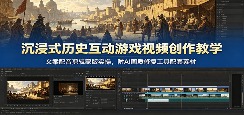 沉浸式历史互动游戏视频创作教学：文案配音剪辑蒙版实操，附AI画质修复工具配套素材-HEIXMI（中国站）