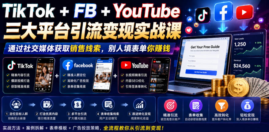 TikTok+FB+YouTube三大平台引流变现实战课，通过社交媒体获取销售线索，别人填表单你賺钱【原创双语字幕】-HEIXMI（中国站）