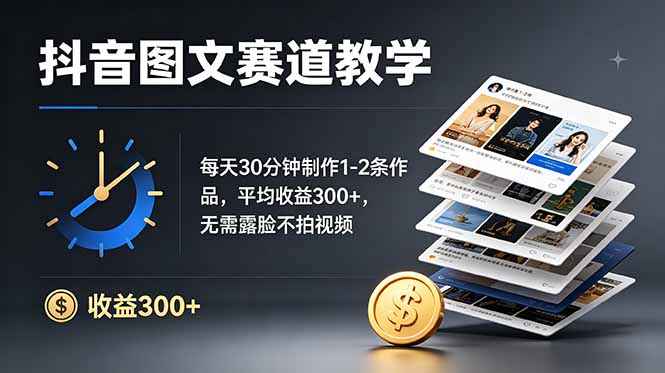 抖音图文赛道教学：每天30分钟制作1-2条作品，平均收益300+，无需露脸不拍视频-HEIXMI（中国站）