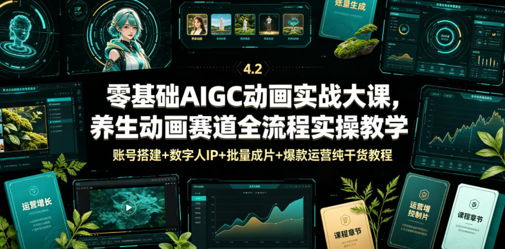 零基础AIGC动画实战大课，养生动画赛道全流程实操教学，账号搭建+数字人IP+批量成片+爆款运营纯干货教程-HEIXMI（中国站）