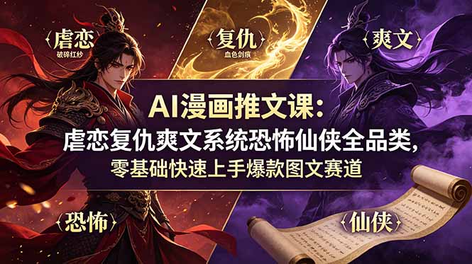 AI漫画推文课：虐恋复仇爽文系统恐怖仙侠全品类，零基础快速上手爆款图文赛道-HEIXMI（中国站）