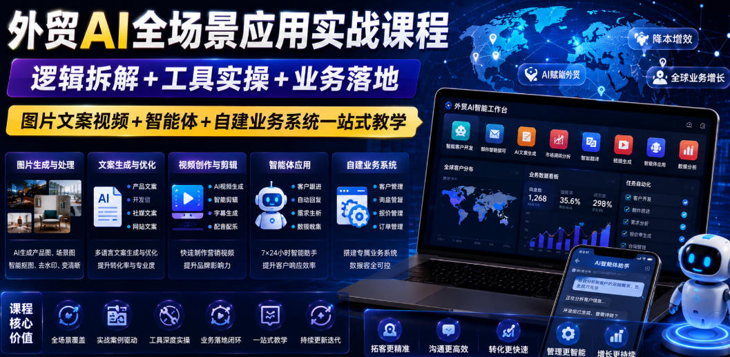 外贸AI全场景应用实战课程｜逻辑拆解+工具实操+业务落地，图片文案视频+智能体+自建业务系统一站式教学-HEIXMI（中国站）