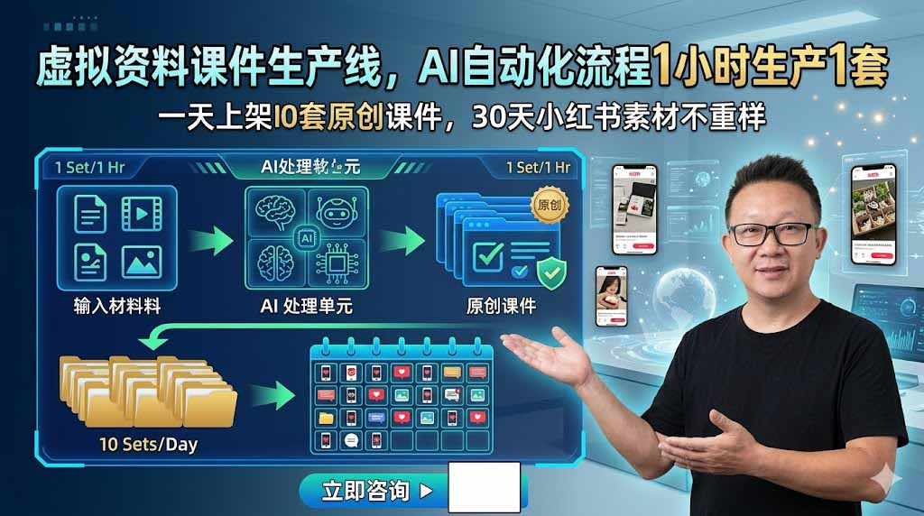 虚拟资料课件生产线，AI自动化流程1小时生产1套，一天上架10套原创课件，30天小红书素材不重样-HEIXMI（中国站）