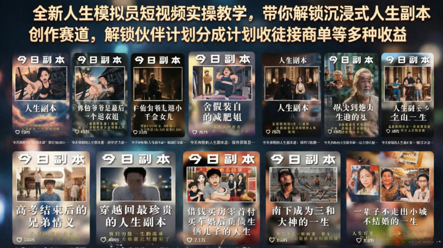 全新人生模拟员短视频实操教学，带你解锁沉浸式人生副本创作赛道，解锁伙伴计划分成计划收徒接商单等多种收益-HEIXMI（中国站）