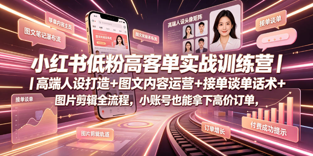 小红书低粉高客单实战训练营｜高端人设打造+图文内容运营+接单谈单话术+图片剪辑全流程，小账号也能拿下高价订单-HEIXMI（中国站）