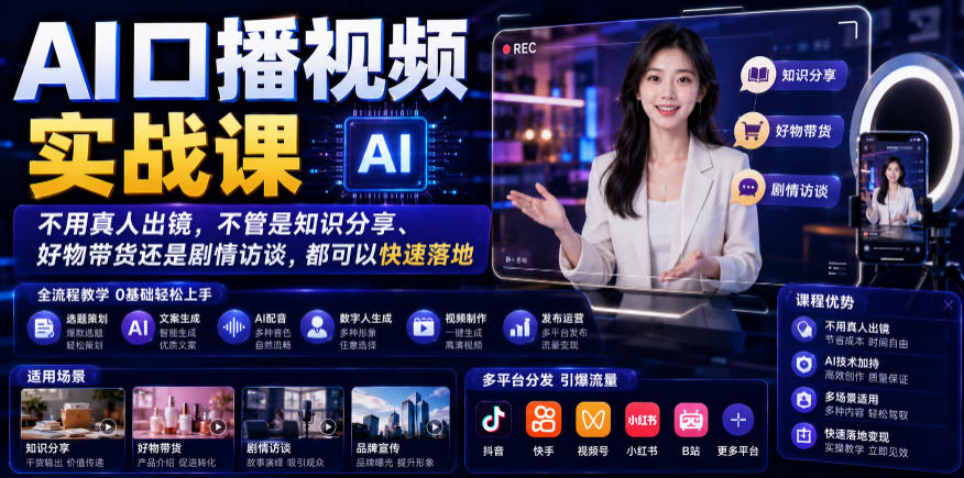 AI口播视频实战课，不用真人出镜，不管是知识分享、好物带货还是剧情访谈，都可以快速落地-HEIXMI（中国站）