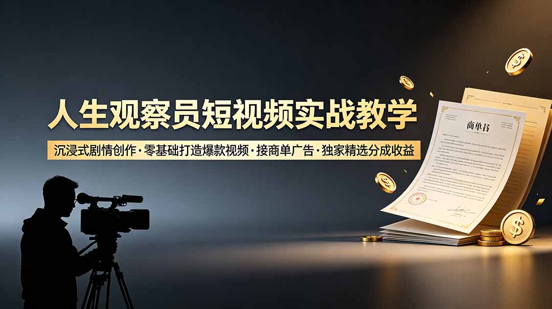 人生观察员短视频实战教学，沉浸式剧情创作，零基础打造爆款视频，接商单广告，独家精选分成收益-HEIXMI（中国站）