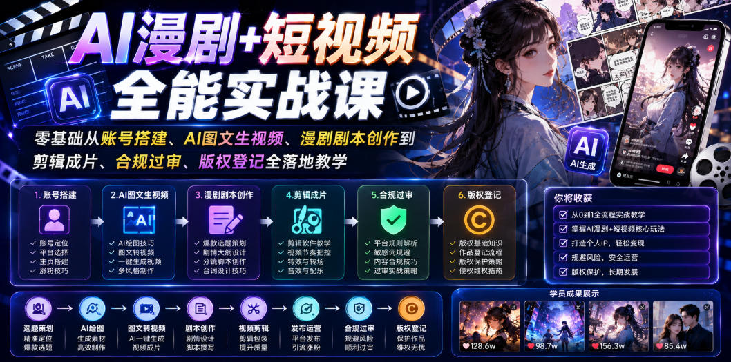 AI漫剧+短视频全能实战课｜零基础从账号搭建、AI图文生视频、漫剧剧本创作到剪辑成片、合规过审、版权登记全落地教学-HEIXMI（中国站）