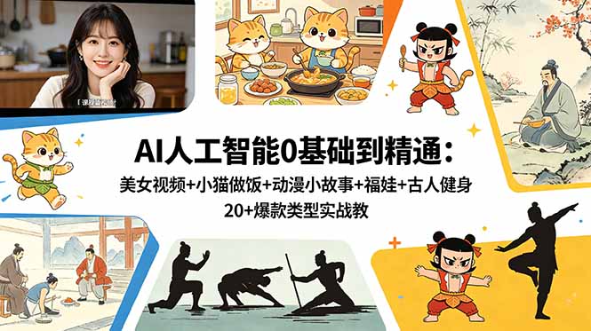 AI人工智能0基础到精通：美女视频+小猫做饭+动漫小故事+福娃+古人健身，20+爆款类型实战教学-HEIXMI（中国站）