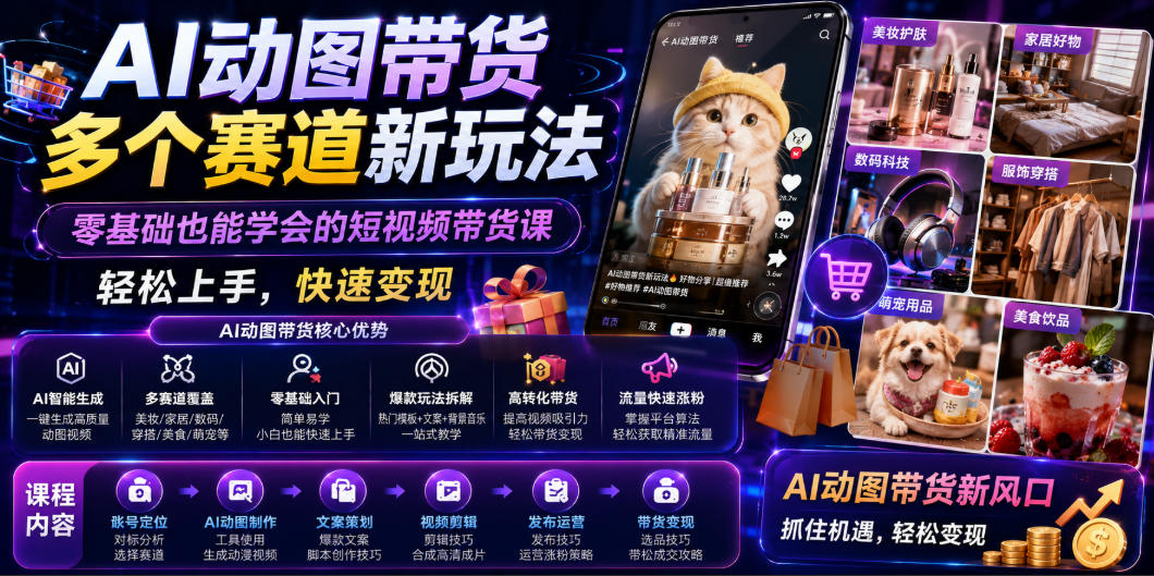 AI动图带货多个赛道新玩法，零基础也能学会的短视频带货课，轻松上手，快速变现-HEIXMI（中国站）
