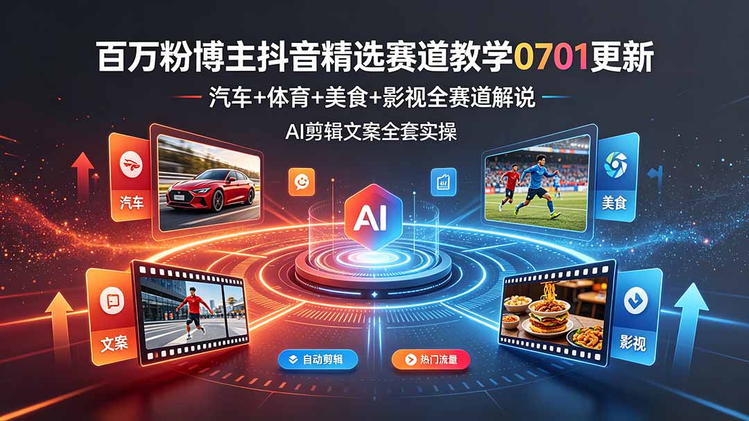 百万粉博主抖音精选赛道教学-0701更新，汽车+体育+美食+影视全赛道解说，AI剪辑文案全套实操-HEIXMI（中国站）