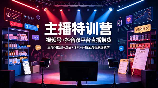 主播特训营：视频号+抖音双平台直播带货，直播间搭建+选品+话术+开播全流程系统教学-HEIXMI（中国站）