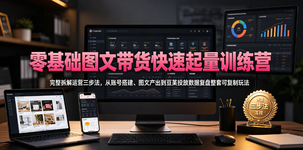 零基础图文带货快速起量训练营，完整拆解运营三步法，从账号搭建、图文产出到豆荚投放数据复盘整套可复制玩法-HEIXMI（中国站）