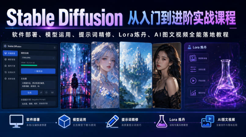 Stable Diffusion从入门到进阶实战课程｜软件部署、模型运用、提示词精修、Lora炼丹、AI图文视频全能落地教程-HEIXMI（中国站）
