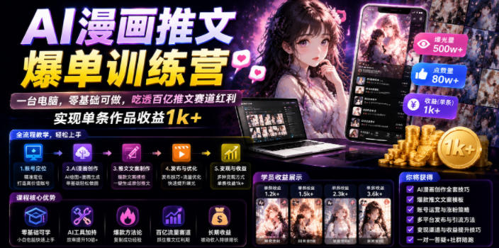 AI漫画推文爆单训练营，一台电脑，零基础可做，吃透百亿推文赛道红利，实现单条作品收益1k+-HEIXMI（中国站）