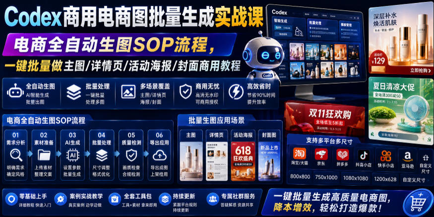 Codex商用电商图批量生成实战课｜电商全自动生图SOP流程，一键批量做主图/详情页/活动海报/封面商用教程-HEIXMI（中国站）