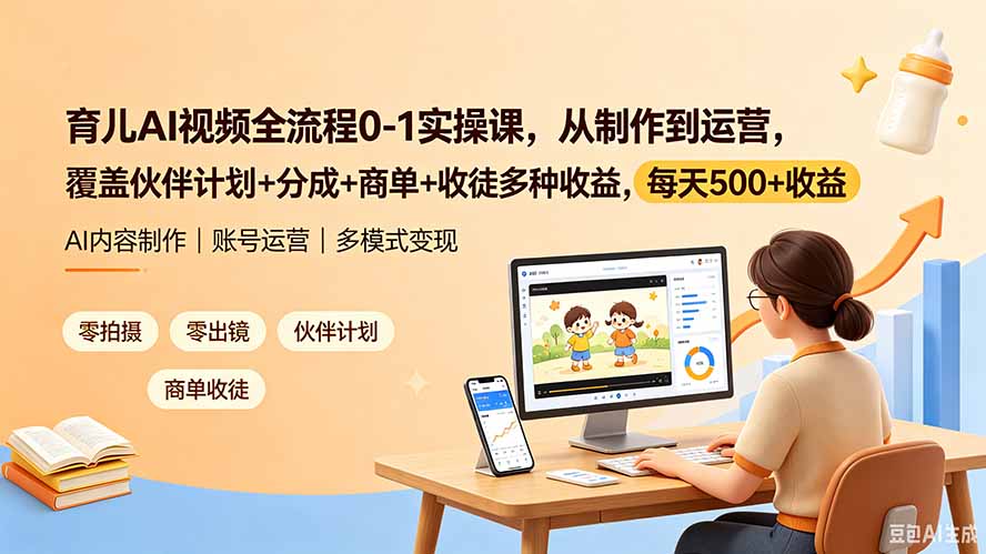 育儿AI视频全流程0-1实操课，从制作到运营，覆盖伙伴计划+分成+商单+收徒多种收益，每天500+收益-HEIXMI（中国站）