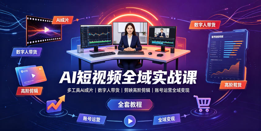 AI短视频全域实战课｜多工具AI成片、数字人带货、剪映高阶剪辑、账号运营全域变现全套教程-HEIXMI（中国站）