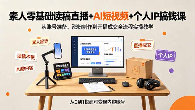 素人零基础读稿直播+AI短视频+个人IP搞钱课，从账号准备、涨粉制作到开播成交全流程实操教学-HEIXMI（中国站）