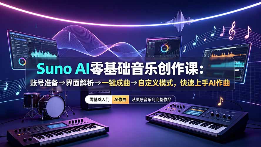 Suno AI零基础音乐创作课：账号准备→界面解析→一键成曲→自定义模式，快速上手AI作曲-HEIXMI（中国站）