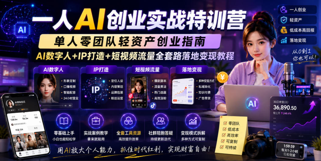 一人AI创业实战特训营，单人零团队轻资产创业指南，AI数字人+IP打造+短视频流量全套路落地变现教程-HEIXMI（中国站）