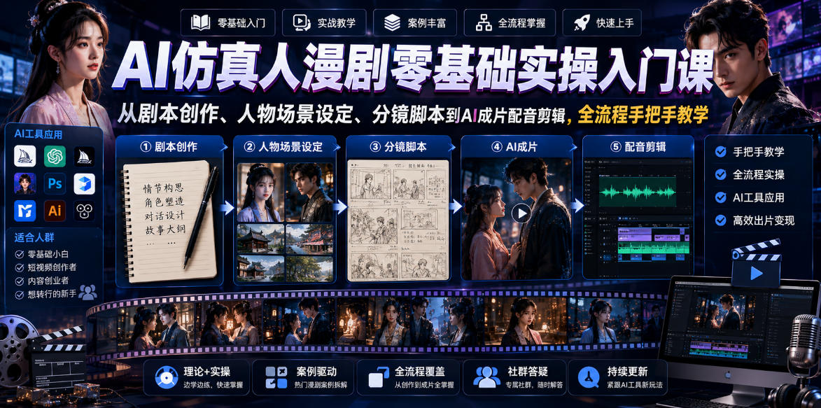 AI仿真人漫剧零基础实操入门课，从剧本创作、人物场景设定、分镜脚本到AI成片配音剪辑，全流程手把手教学-HEIXMI（中国站）