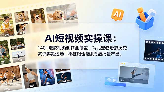 AI短视频实操课：140+爆款视频制作全覆盖，育儿宠物治愈历史武侠舞蹈运动，零基础也能批量产出-HEIXMI（中国站）