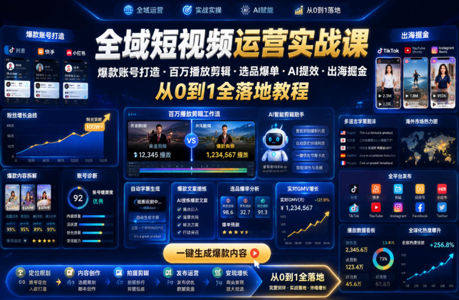 全域短视频运营实战课，爆款账号打造・百万播放剪辑・选品爆单・AI提效・出海掘金，从0到1全落地教程-HEIXMI（中国站）