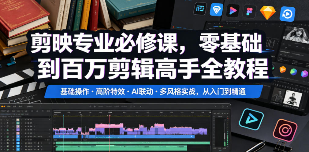 剪映专业必修课，零基础到百万剪辑高手全教程，基础操作・高阶特效・AI联动・多风格实战，从入门到精通-HEIXMI（中国站）