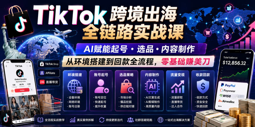 TikTok跨境出海全链路实战课，AI赋能起号・选品・内容制作，从环境搭建到回款全流程，零基础賺美刀-HEIXMI（中国站）