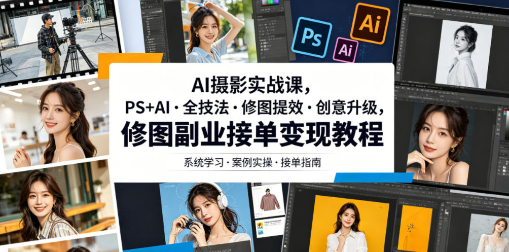 AI摄影实战课，PS+AI・全技法・修图提效・创意升级，修图副业接单变现教程-HEIXMI（中国站）