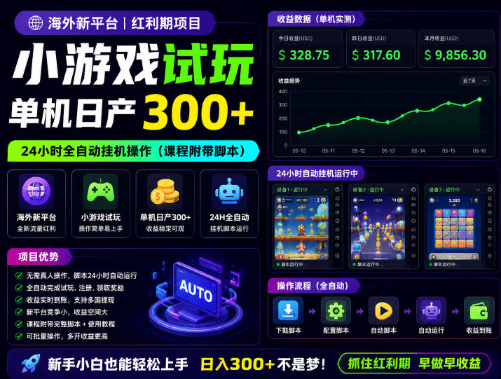 海外新平台，小游戏试玩，单机日产300+，24小时全自动挂G操作(课程附带脚本)【揭秘】-HEIXMI（中国站）