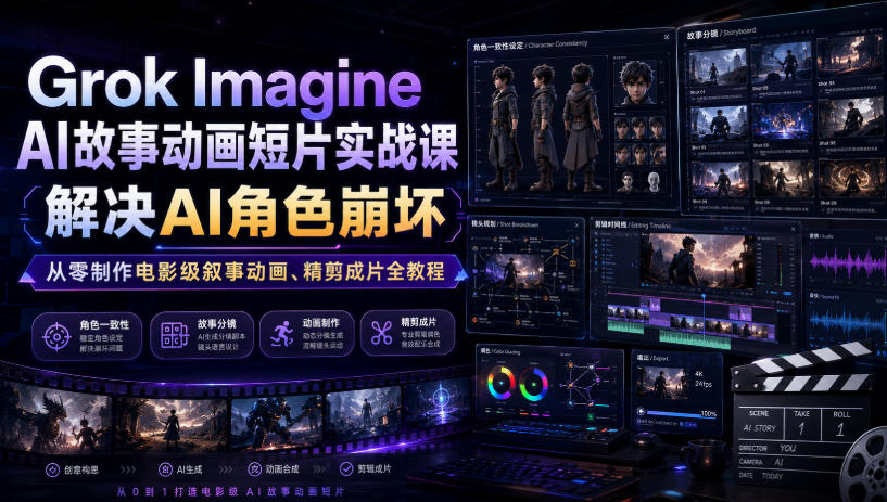 Grok Imagine AI故事动画短片实战课｜解决AI角色崩坏，从零制作电影级叙事动画、精剪成片全教程(中英字幕)-HEIXMI（中国站）