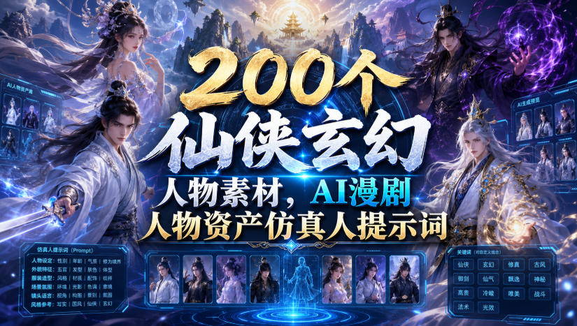 200个仙侠玄幻人物素材，AI漫剧人物资产仿真人提示词-HEIXMI（中国站）
