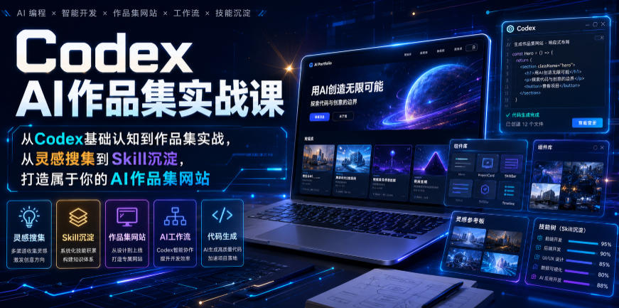 Codex AI作品集实战课，从Codex基础认知到作品集实战，从灵感搜集到Skill沉淀，打造属于你的AI作品集网站-HEIXMI（中国站）