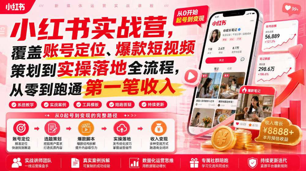 小红书实战营，覆盖账号定位、爆款短视频策划到实操落地全流程，从零到跑通第一笔收入-HEIXMI（中国站）